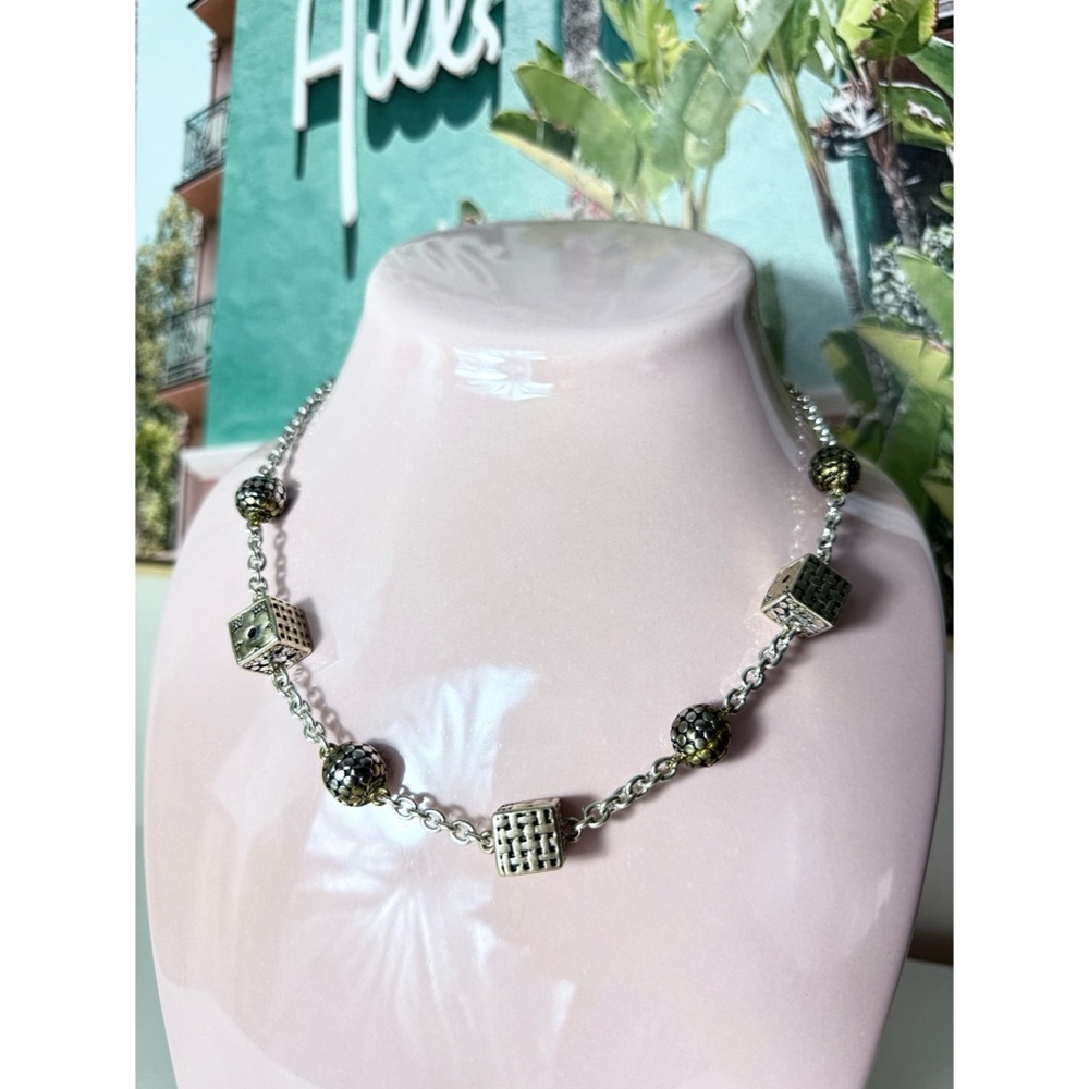 Vintage Silver Geometric Textured Cube & Sphere Bead Charm Necklace 10” Long
